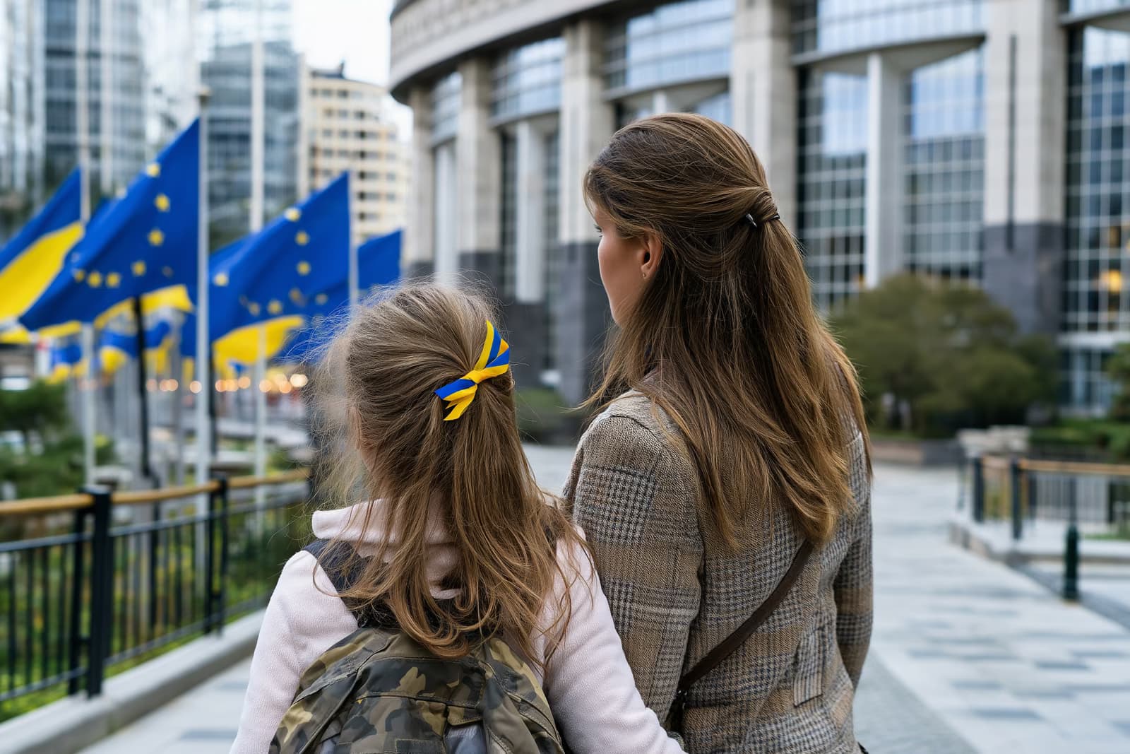 Украинска майка и дъщеря гледат знамената на ЕС пред сграда на европейска институция след удължаването на временния срок за защита на Украйна