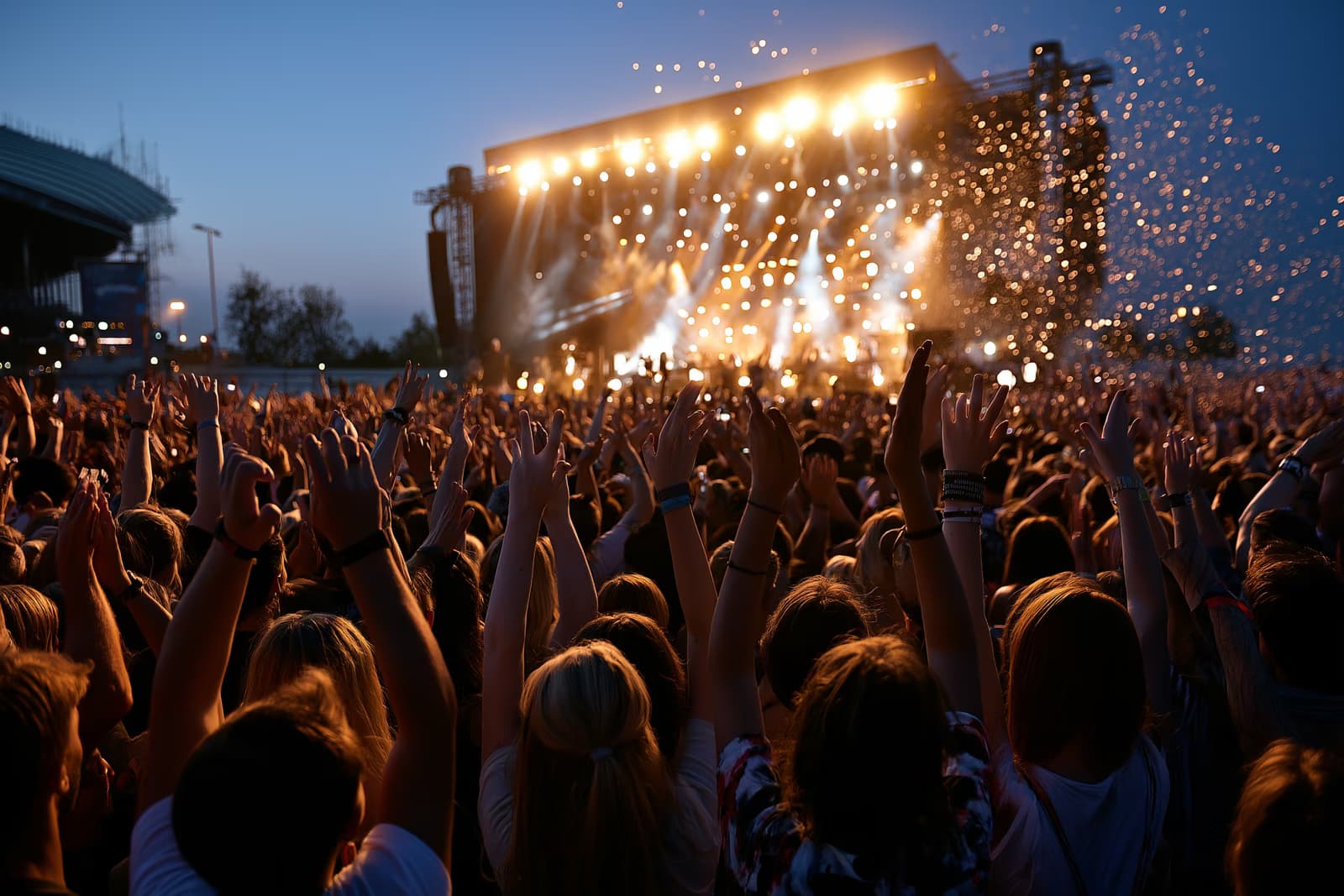 Огромна фестивална тълпа с вдигнати ръце пред светеща главна сцена на Lollapalooza Berlin в Олимпиапарк през нощта