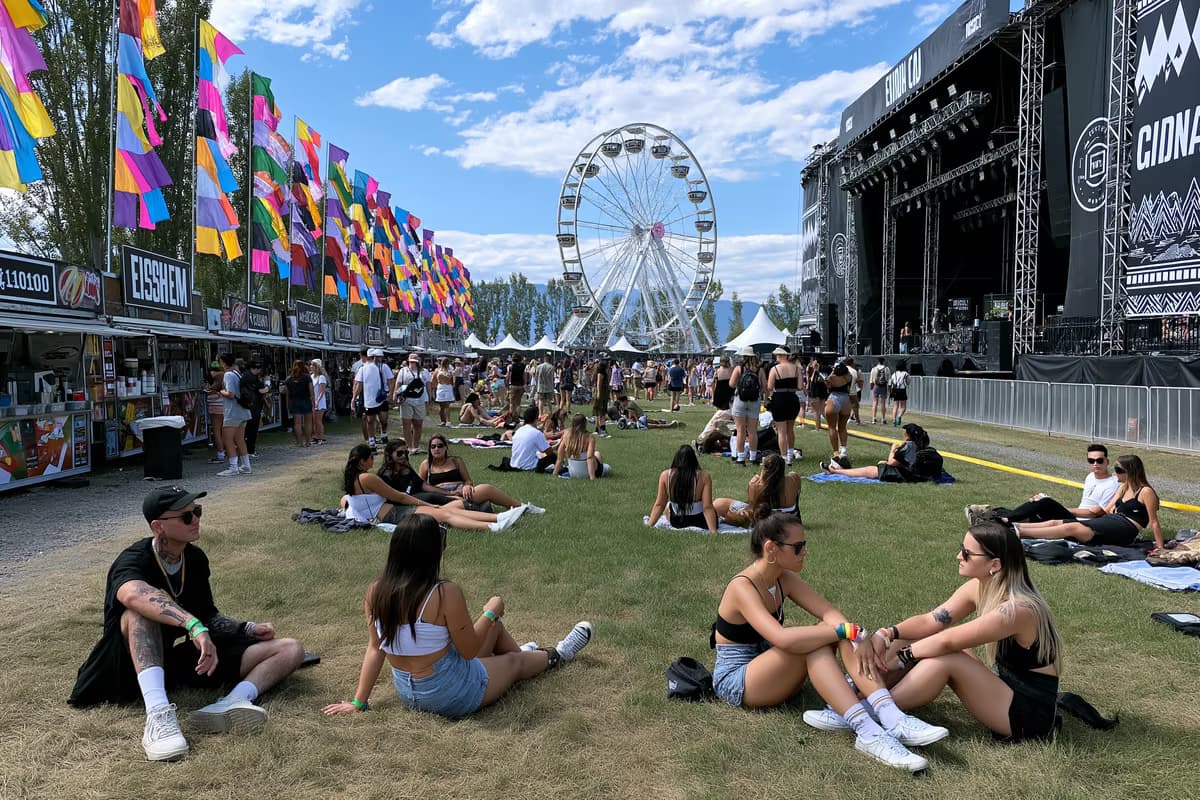 Фестивални площи в Lollapalooza Berlin през деня с цветни знамена, сергии за храна и посетители, релаксиращи на тревата