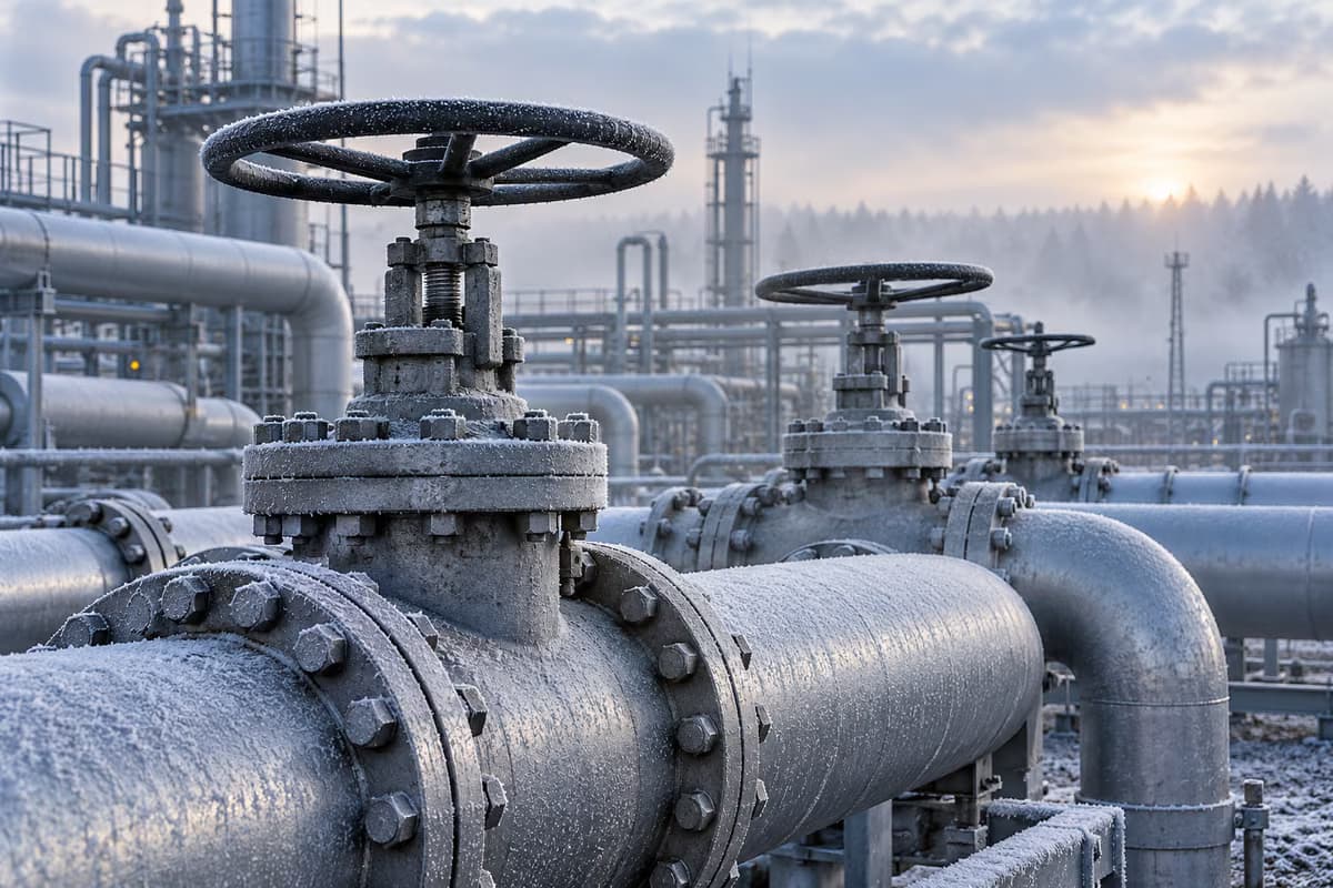 Едър план на покрити със скреж промишлени газови тръби с големи кръгли вентили в газова инсталация в мъгливо зимно утро.