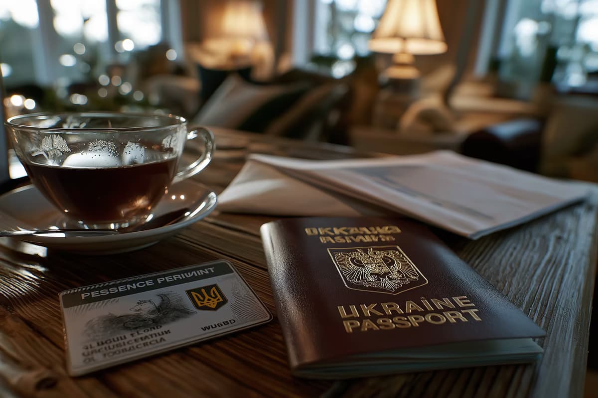 Карта за разрешение за пребиваване и украински паспорт, разположени една до друга на маса в немски дом