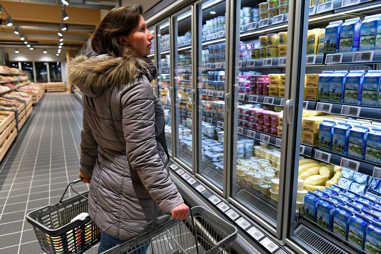 Купувач сравнява цените на хранителните продукти по рафтовете на супермаркети в Германия, държейки касова бележка пред млечни продукти и яйца.
